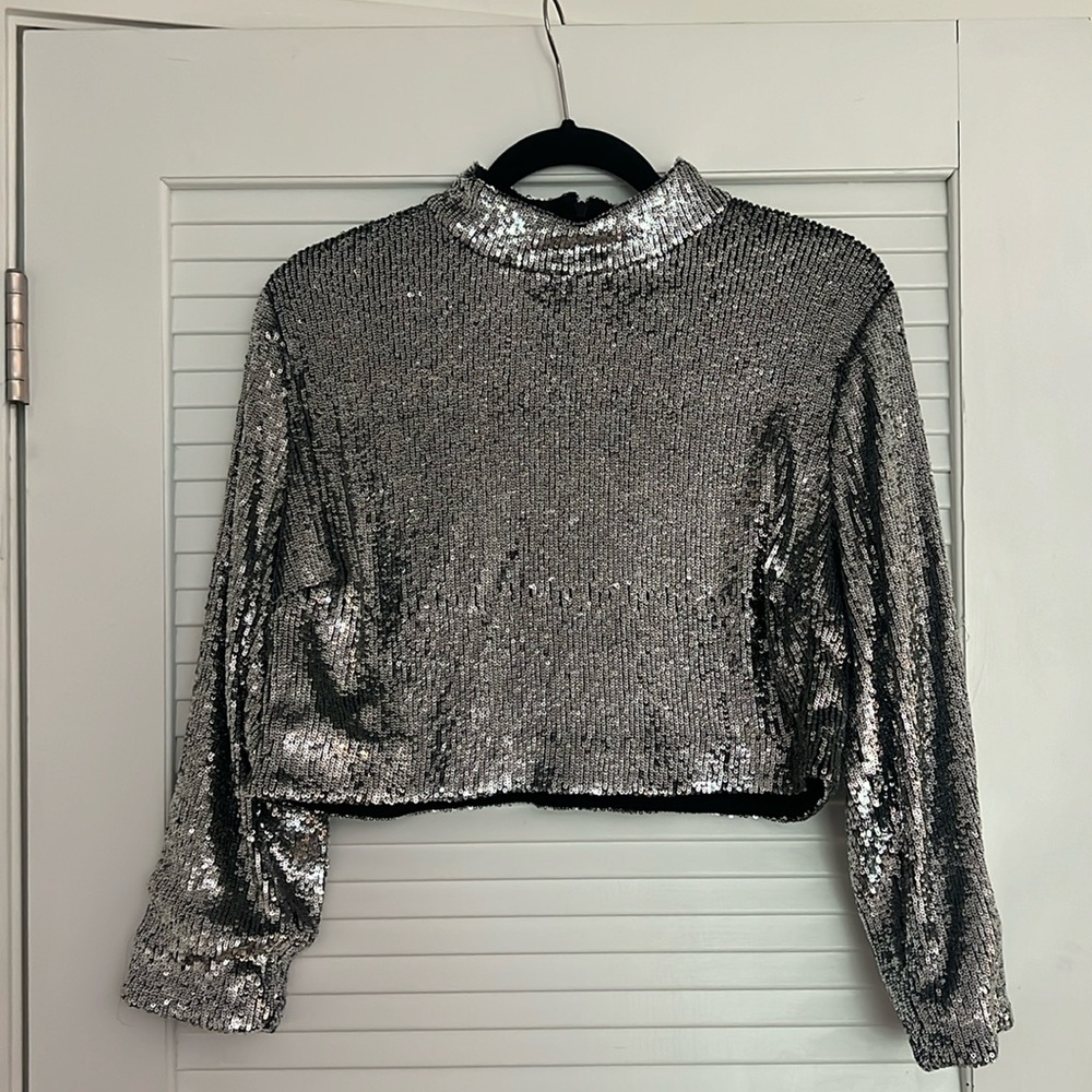 A.L.C. Mock neck three-quarter sleeve sequin crop top